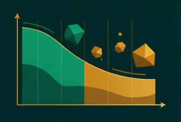 Grafico astratto che mostra un calo dei rendimenti in verde smeraldo e ambra dorata