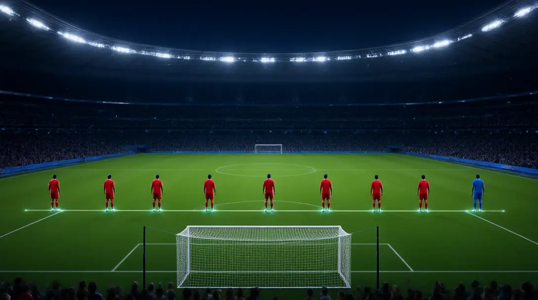 Premier League night match with a glowing virtual offside line and skeletal tracking points on the players