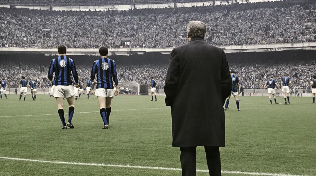 Jugadores del Inter con camiseta a rayas negras y azules y escudo caminan por el césped mientras un director técnico con abrigo largo los observa desde atrás, con la tribuna llena detrás.