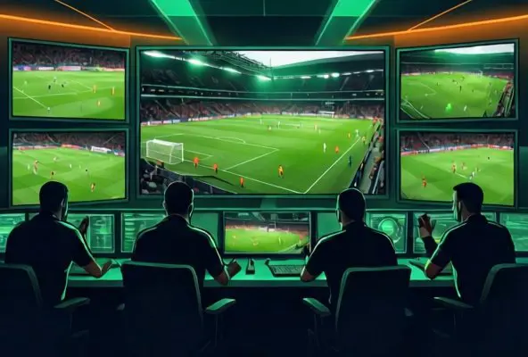 Addetti in una sala di controllo VAR che guardano le riprese della partita su una parete di schermi