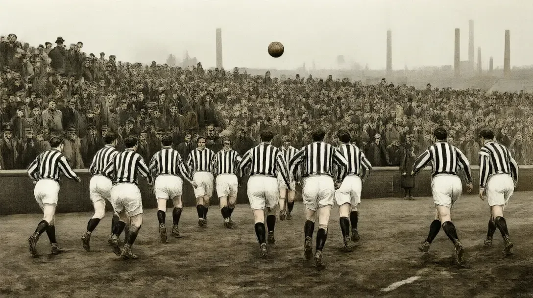 Newcastle-Spieler um 1900 in schwarz-weiß gestreiften Trikots beim Angriff auf einem schlammigen Platz vor Zuschauern mit Schiebermützen