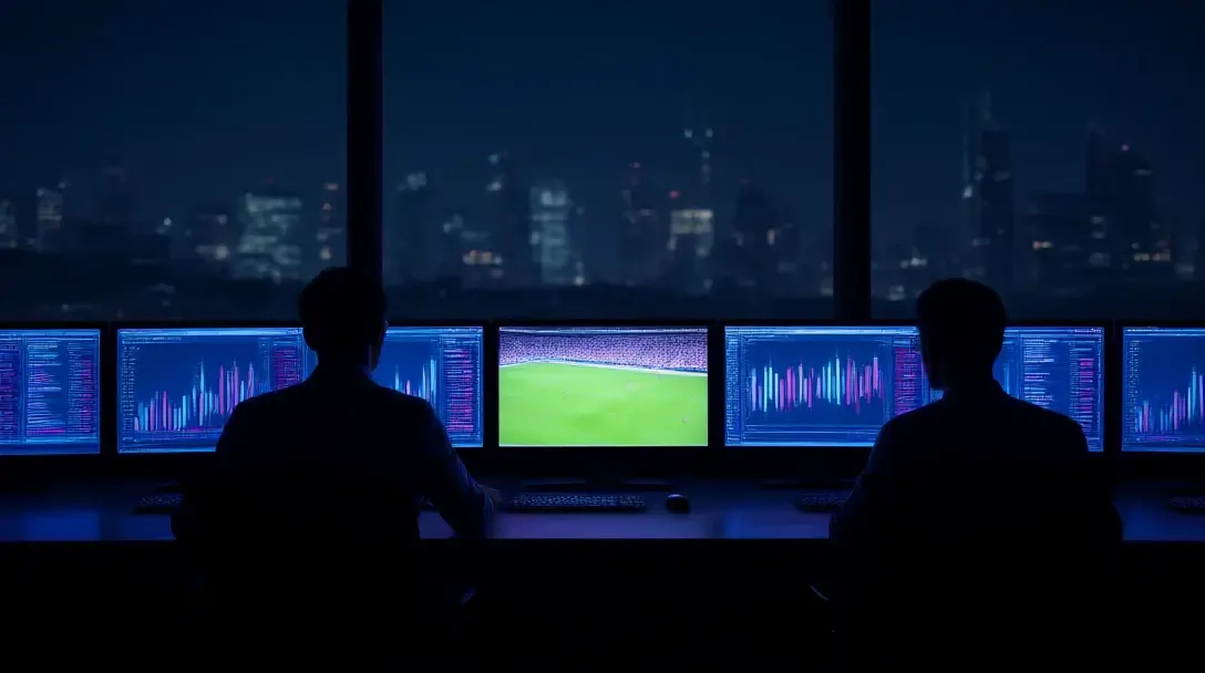 Trading Room mit Monitoren, die blaue und rosa Kursladders sowie ein Fußballspiel anzeigen, Händler von hinten zu sehen