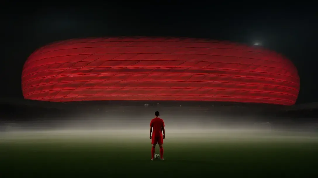 Distant silhouetted striker on the pitch in front of the red-lit Allianz Arena in Munich at night