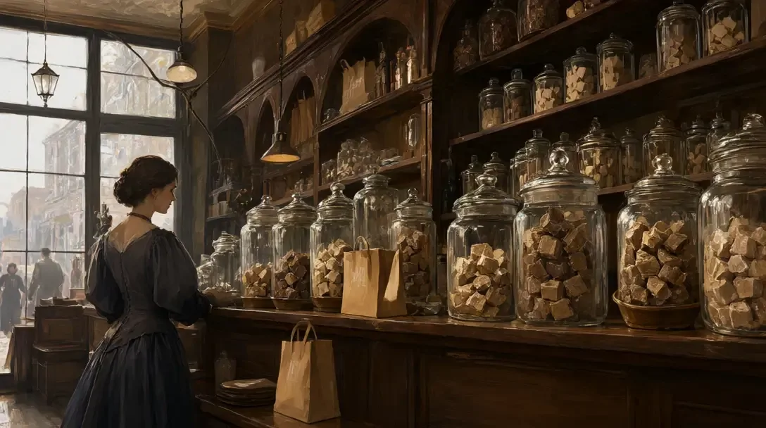 Loja de doces vitoriana com potes de toffees e uma mulher em traje da época vista de costas