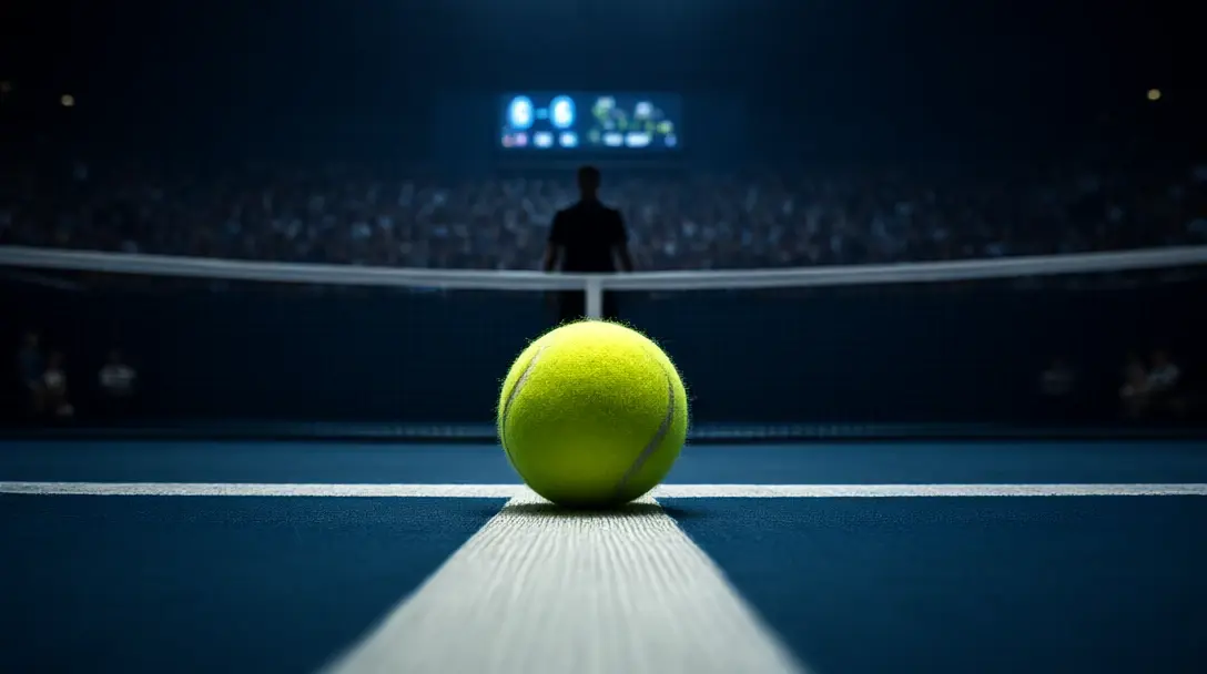 Bola de tenis equilibrada sobre la cinta de la red en una pista interior de color azul oscuro, con el punto de desempate a 6-6 en el aire