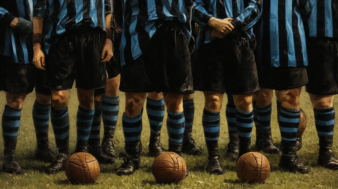 Jugadores de fútbol de principios de 1900 con camisas a rayas negras y azules posando con un balón de cuero redondo