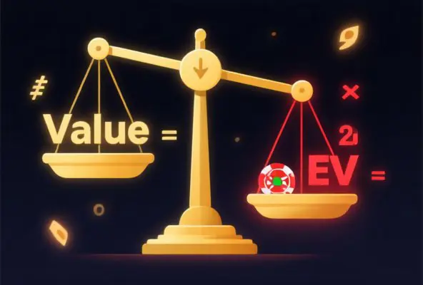 Editorial illustration showing expected value calculation concept with balance scale and mathematical indicators