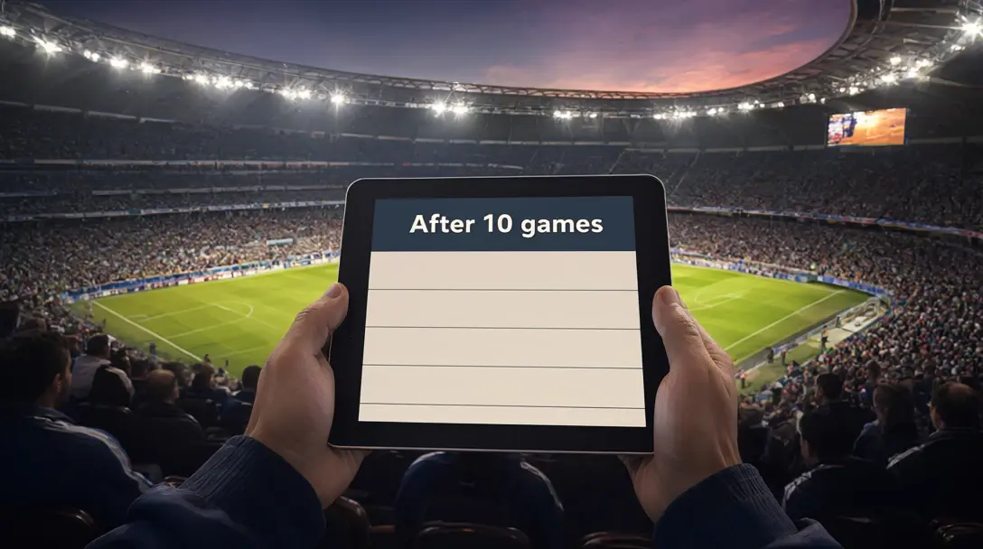 Stylised stadium at dusk with a bettor in the stands checking a tablet headed After 10 games