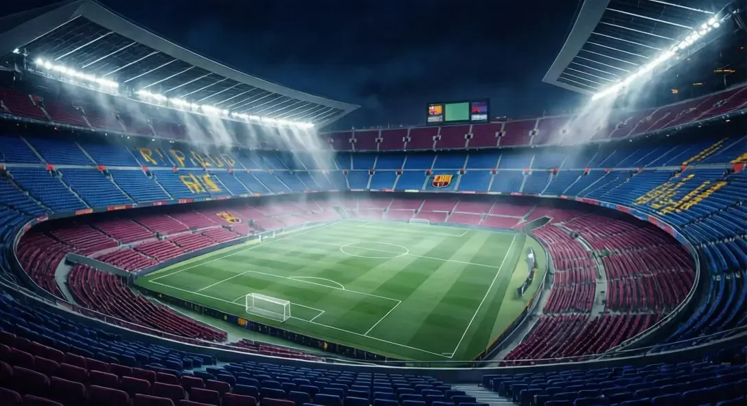Camp Nou am Abend mit dramatischen Flutlichtern
