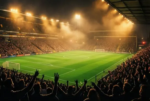 Stade de football de division inférieure sous les projecteurs, tribunes bondées