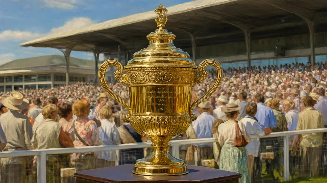 Trofeo dorado de dos asas con tapa sobre un pedestal de madera, con una multitud en un hipódromo de verano y un tribuna cubierta al fondo