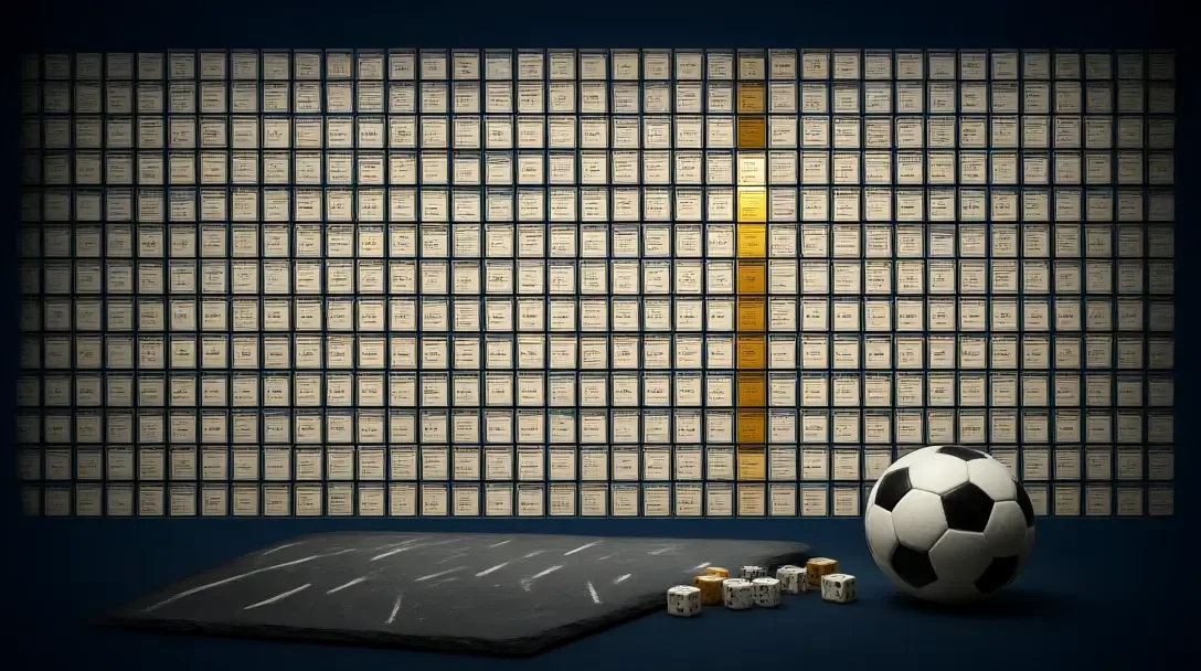 Muro di migliaia di classifiche di campionato simulate con evidenziazioni dorate, segni di conteggio alla lavagna e dadi accanto a un pallone da calcio