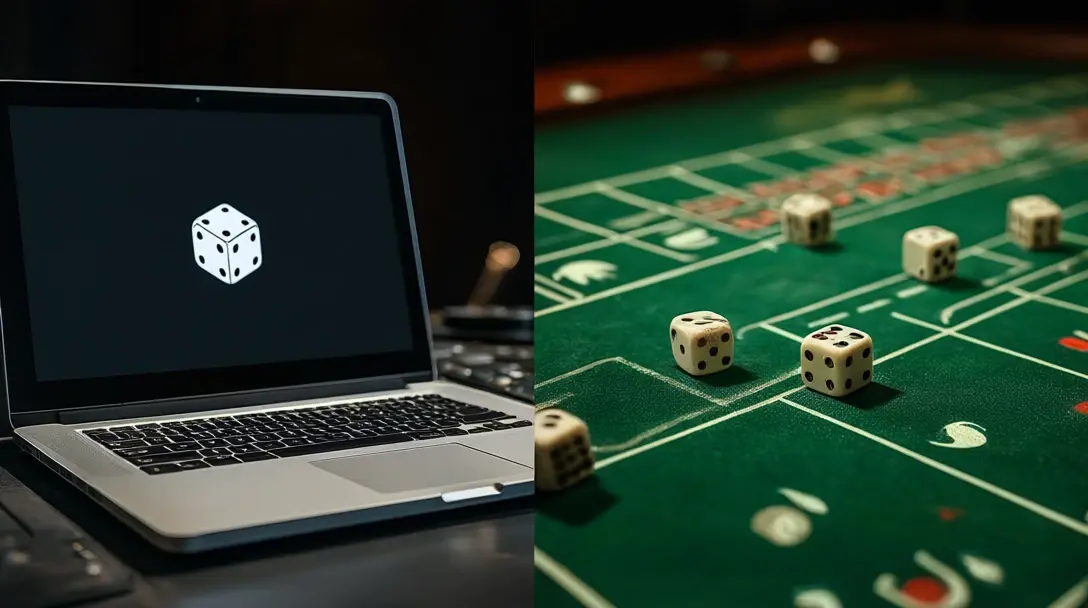Escena dividida: un portátil con la pantalla en blanco y una mesa real de craps verde con dados