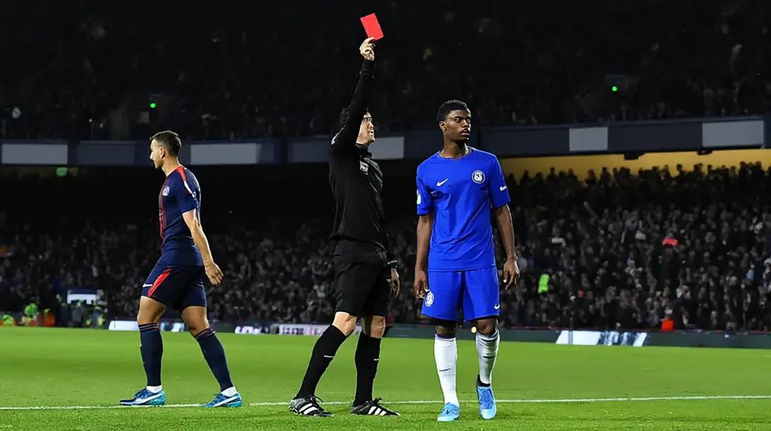 Siyah formadaki hakem, floodlight altında kırmızı kartı gösteriyor; yanında mavi formalı Chelsea oyuncusu, lacivert formalı PSG oyuncusu ise uzaklaşıyor.