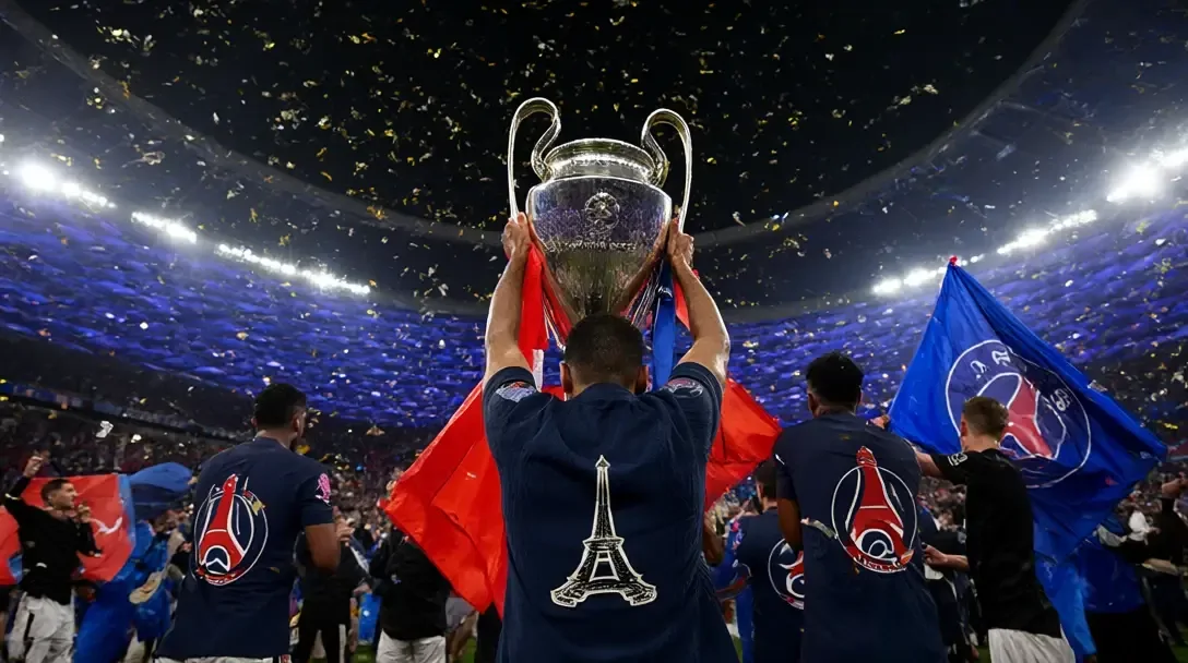 Joueurs du PSG en chemises bleu marine ornées du blason de la tour Eiffel, vus de dos, lèvent le trophue de la Ligue des champions sous une pluie de confettis.