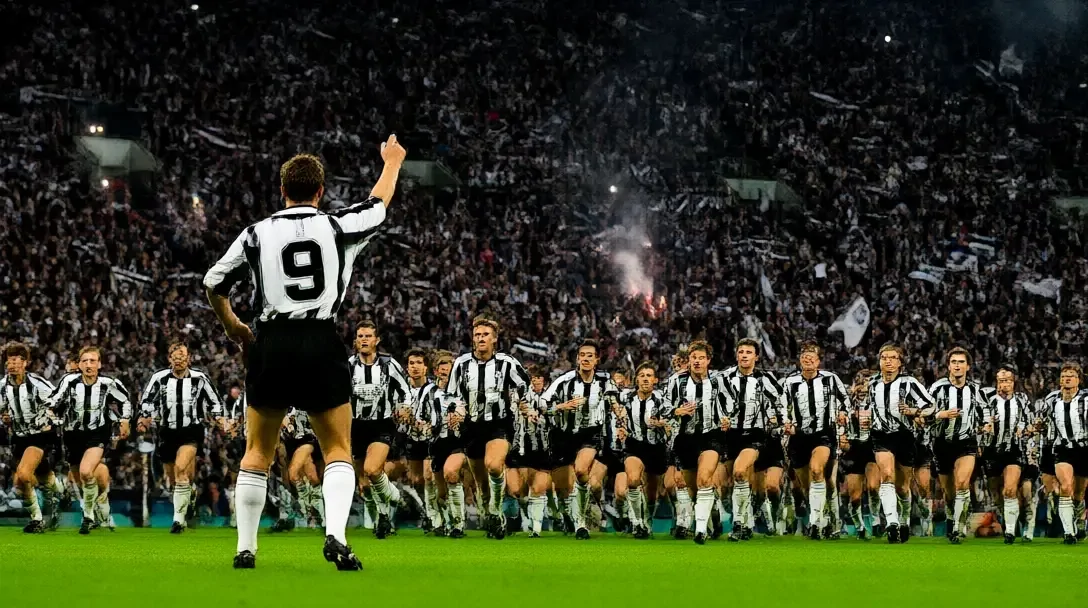 Der St James' Park in den 1990ern, dicht gefüllt; ein Newcastle-Stürmer im Trikot mit der Nummer 9 jubelt, von hinten gesehen