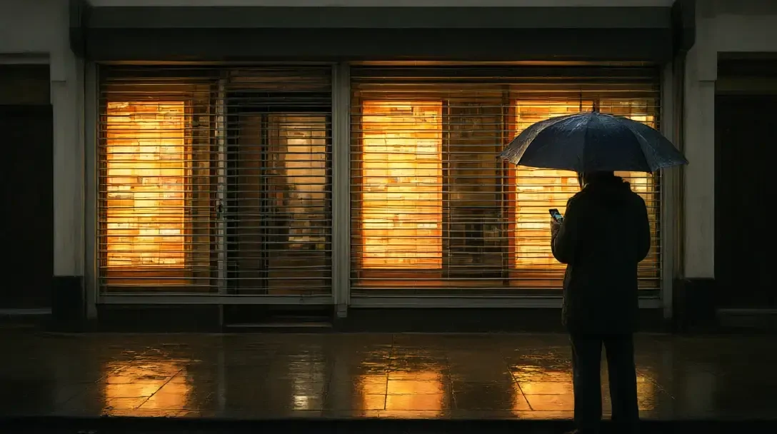 Rainy dusk outside a high-street bookmaker with the shutter half down and a lone customer seen from behind holding a phone