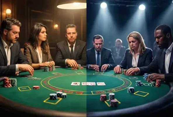Ilustración comparativa de juegos en efectivo frente a torneos que muestra los distintos niveles de varianza entre formatos de póker