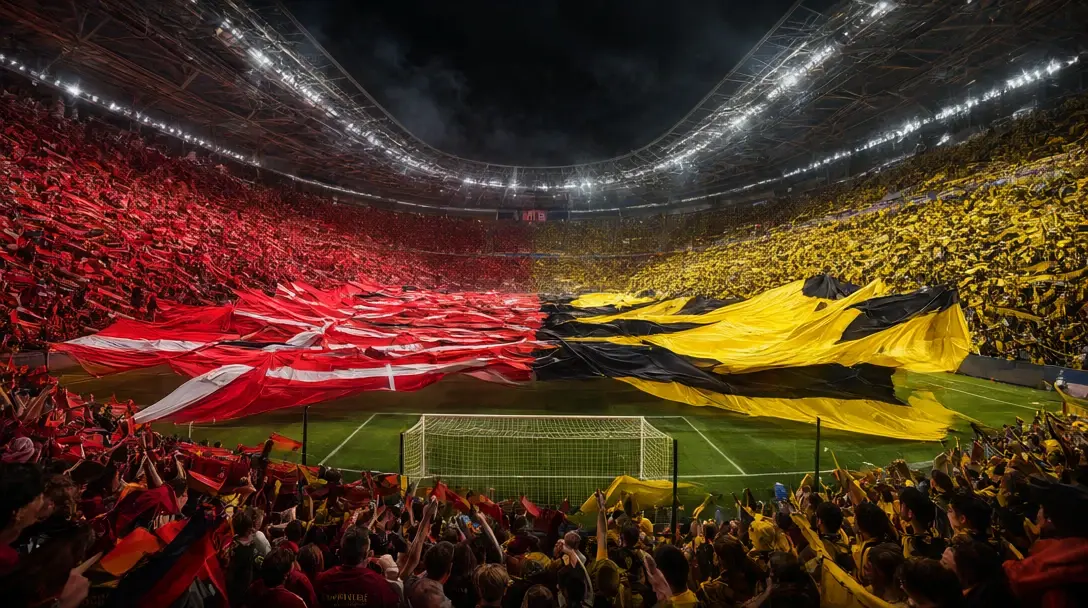 Flutlichtstadium mit rot gekleideten Fans auf einer Seite und gelb-schwarzen Fans auf der anderen