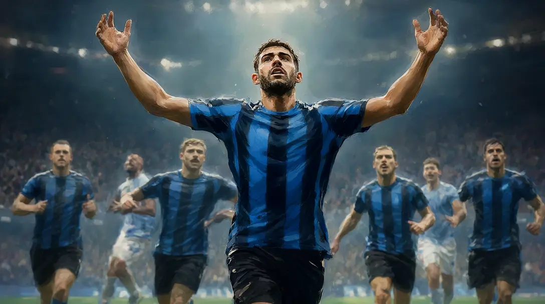 Delantero con camiseta a rayas azules y negras celebrando un gol con los brazos levantados