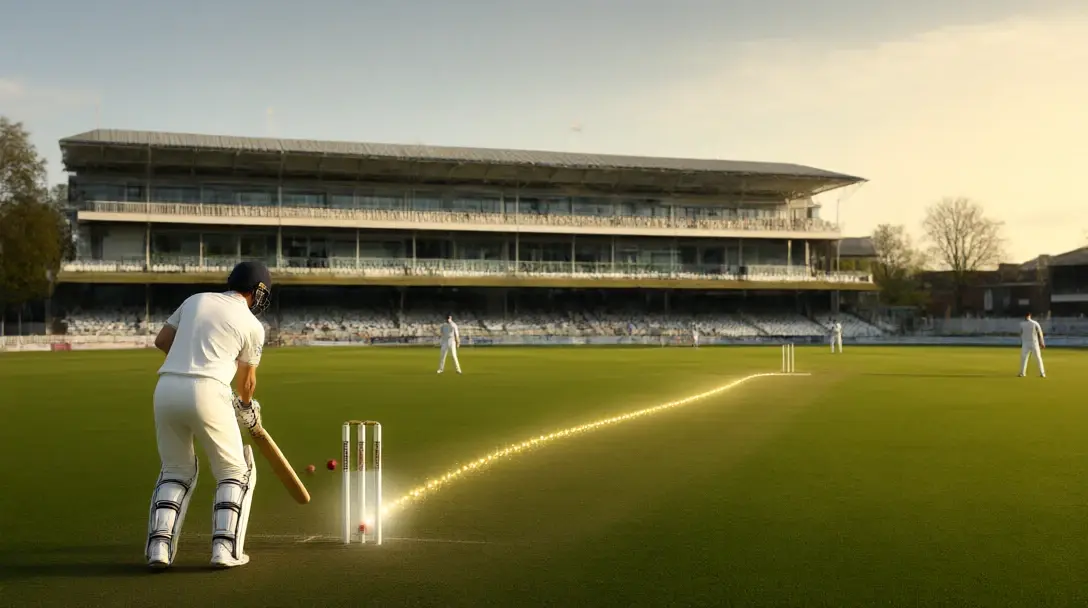 Cricket batter at Lord's with a glowing ball-tracking path heading towards the stumps