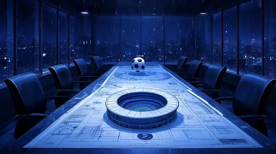 Sala riunioni vuota con planimetrie dello stadio e un modello in miniatura su un lungo tavolo di notte
