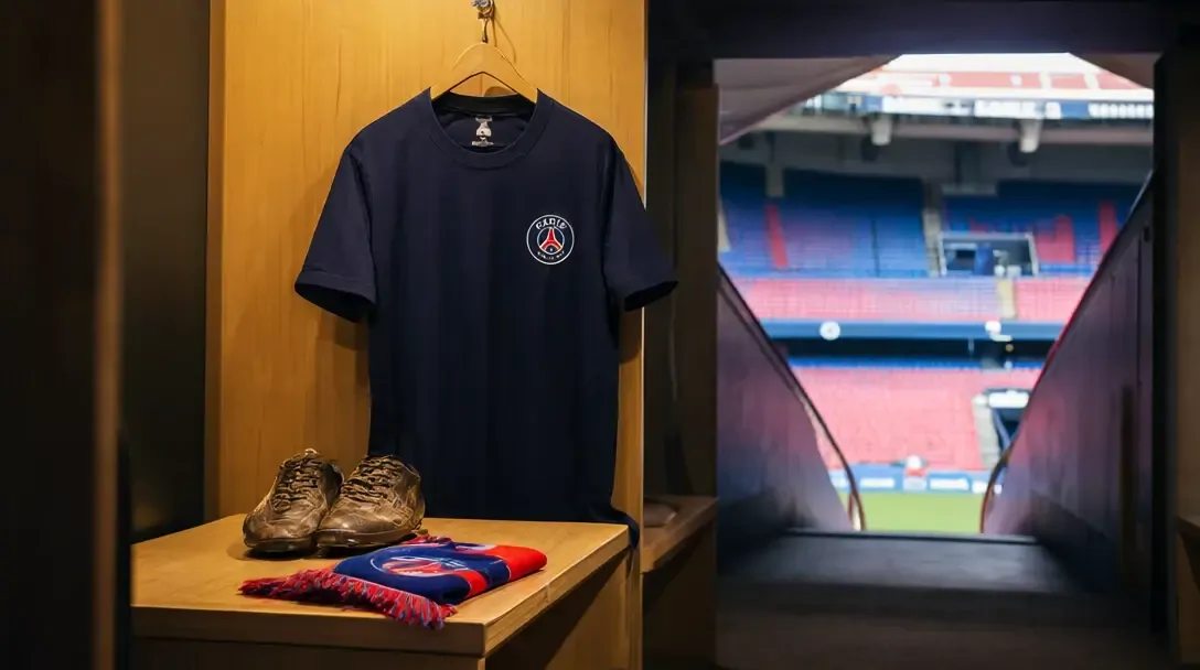 Maillot marine du PSG avec le blason de la Tour Eiffel accroché au-dessus de bottes usées et d’une écharpe rouge et bleue, un tunnel de stade en arrière-plan.
