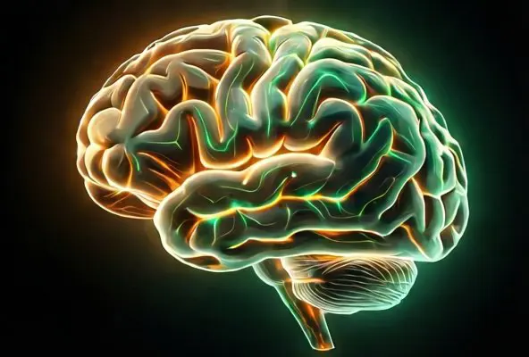 Illustrazione astratta dei percorsi di ricompensa del cervello in verde smeraldo e ambra dorata