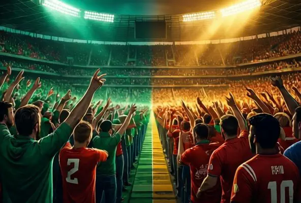 Rival fans in divided stadium atmosphere