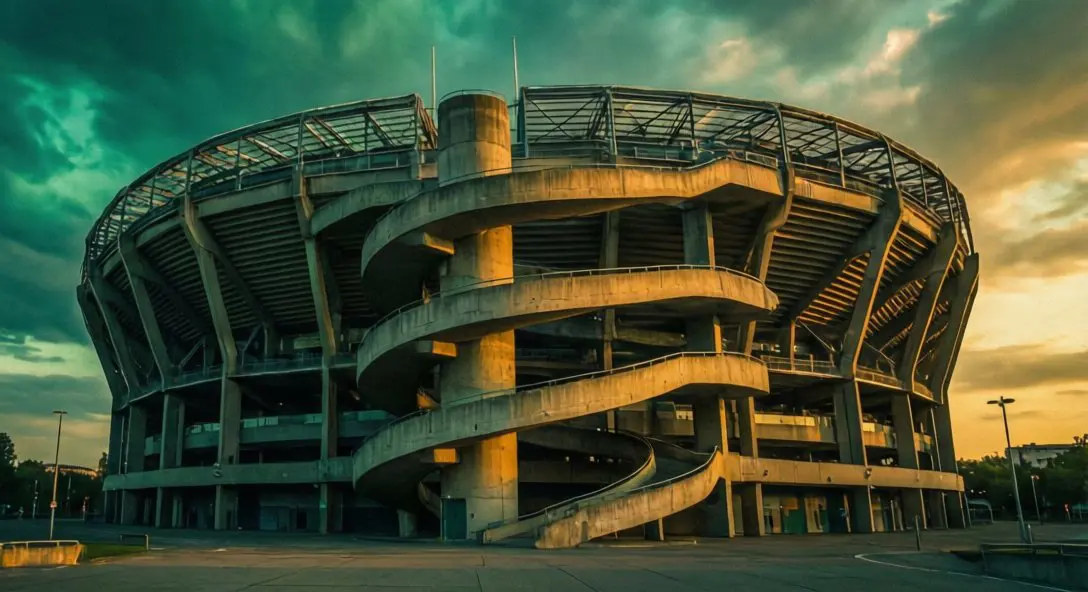 Exterior de un estadio icónico de fútbol con rampas en espira distintivas y arquitectura moderna