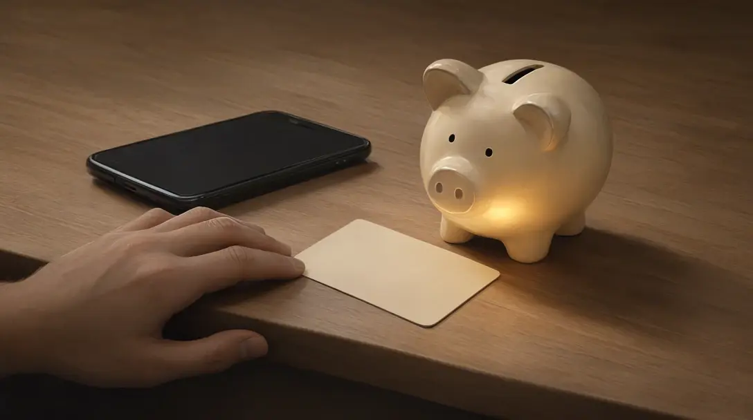 A bettor's hand resting by a phone with a blank screen, a face-down blank card and a glowing piggy bank on a wooden table