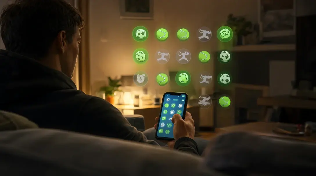 Fan on a sofa scrolling a phone with football, tennis and racing icons, some highlighted and some greyed out