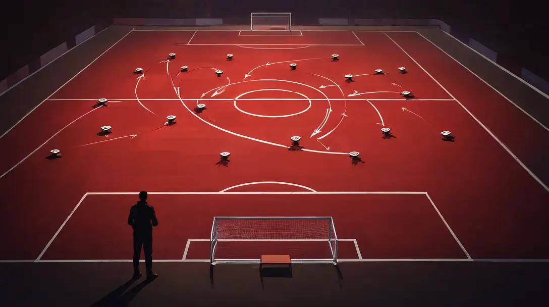 Taktikdiagramm in Rot und Weiß mit Bewegungs Pfeilen und einer Silhouette eines Trainers an der Seitenlinie