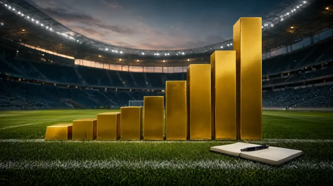 Gold bar chart rising above a floodlit French stadium pitch at dusk