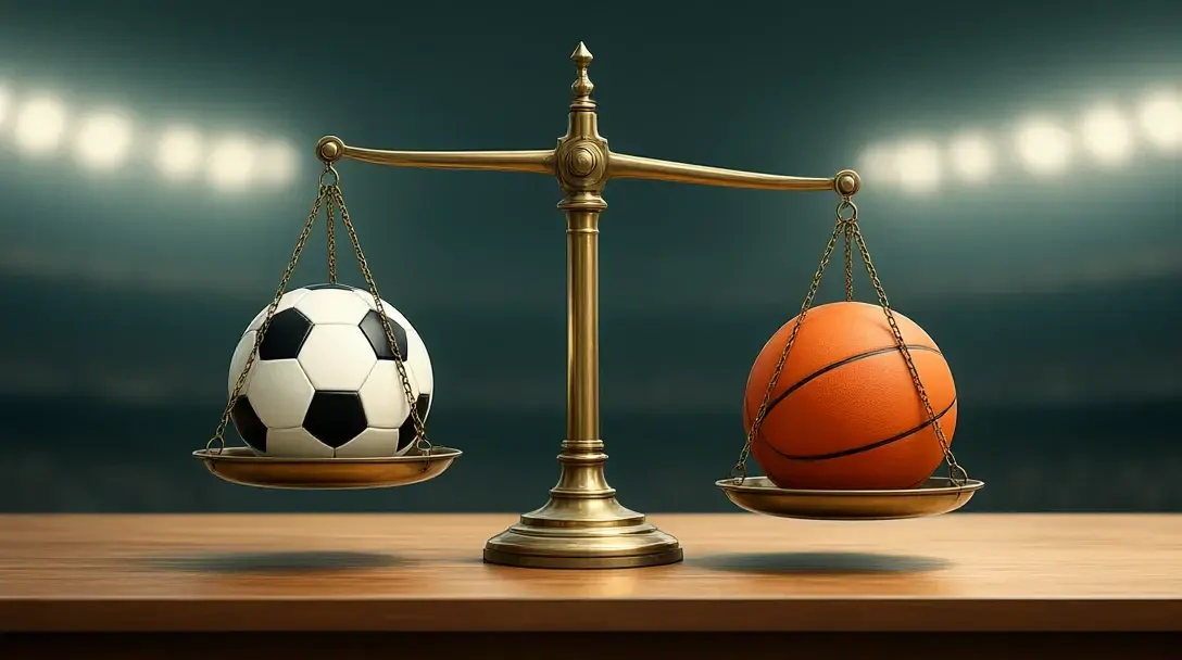 Balance en laiton avec un ballon de football noir et blanc dans un plateau et un ballon de basket dans l'autre, flèche presque horizontale