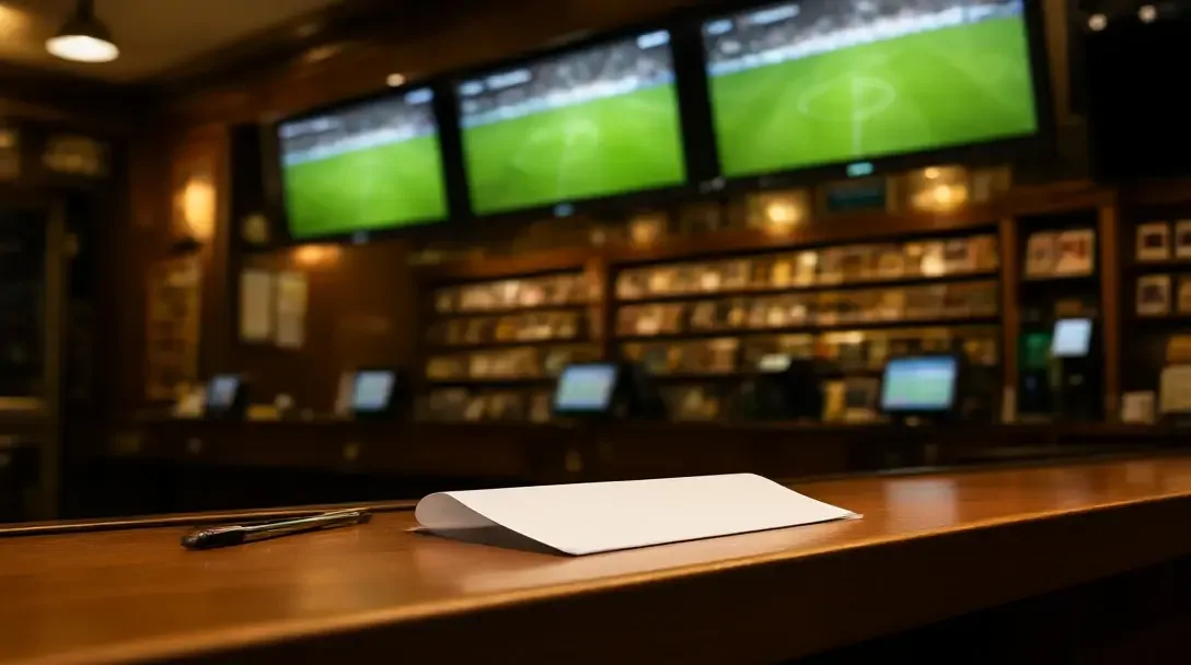 Gros plan sur un stylo et un bulletin de paris plié sur le comptoir d'un bookmaker, avec des écrans de football flous en arrière-plan