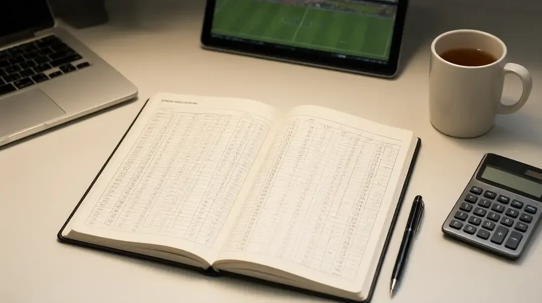 Vista cenital de un cuaderno de registro de apuestas con un bolígrafo, una calculadora y una taza de té junto a un portátil