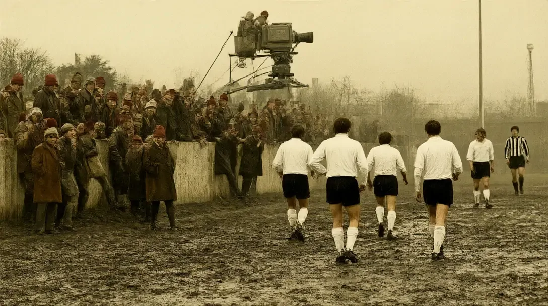 Scena in stile vintage di tifosi che invadono il campo fangoso di Edgar Street mentre i giocatori di Hereford festeggiano, con una telecamera in alto