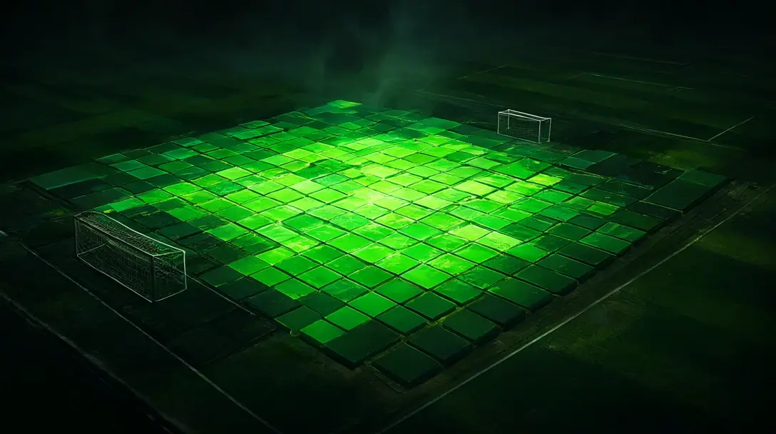 Cuadrícula de mapa de calor de color esmeralda brillante superpuesta a un campo de fútbol, con los cuadrados más luminosos agrupados en el centro