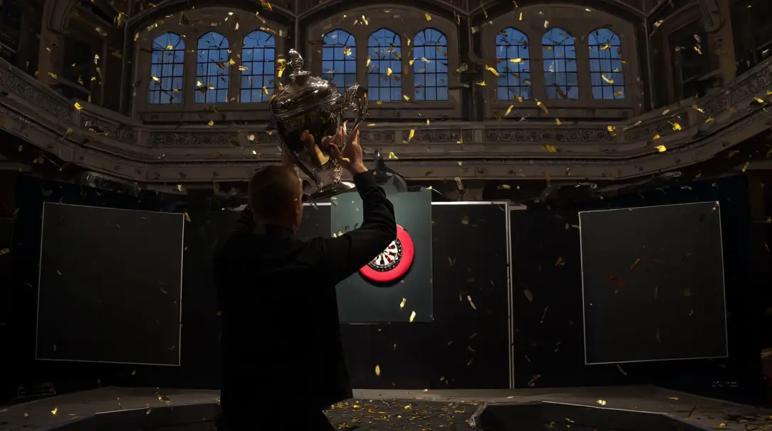 Player in dark clothing seen from behind raises a silver two-handled trophy as gold confetti falls in a hall with arched windows