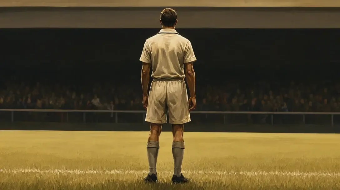 Jogador de futebol vintage com uniforme da época, visto de costas, em um campo de futebol em tom sépia dos anos 1920