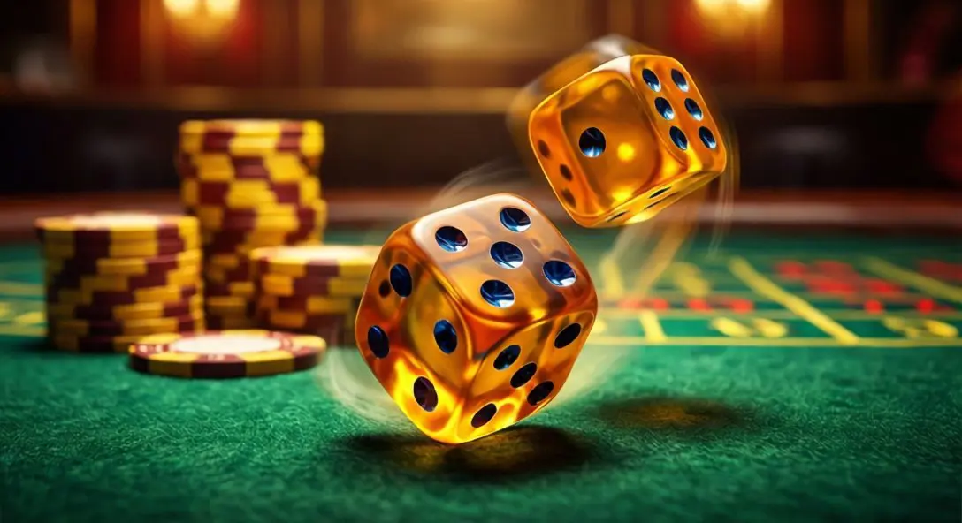 Craps dice rolling on casino table with golden chips