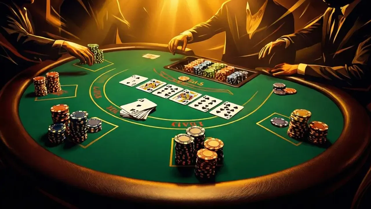 Texas Hold'em poker table with chips and cards in dramatic lighting