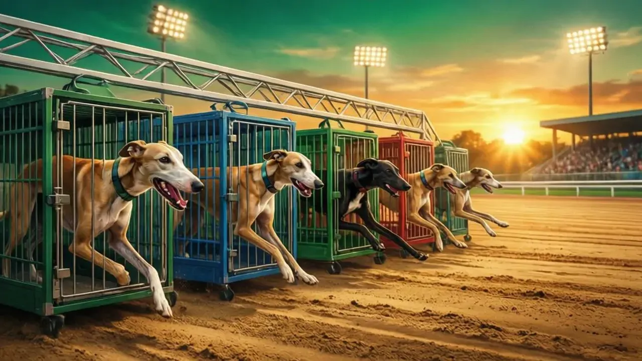 Greyhound racing track at sunset with six greyhounds in coloured traps