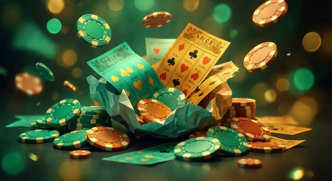 Editorial illustration of parlay betting concept with betting slips and casino chips in emerald and gold