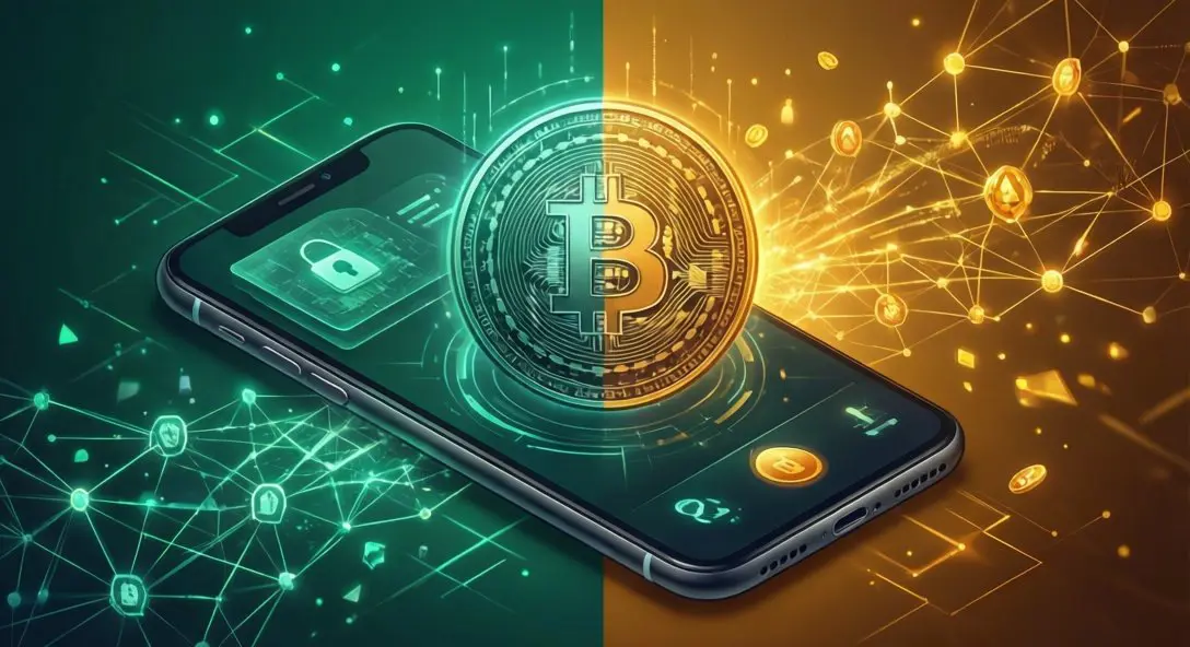 Secure cryptocurrency wallet interface with blockchain elements in emerald green and golden amber