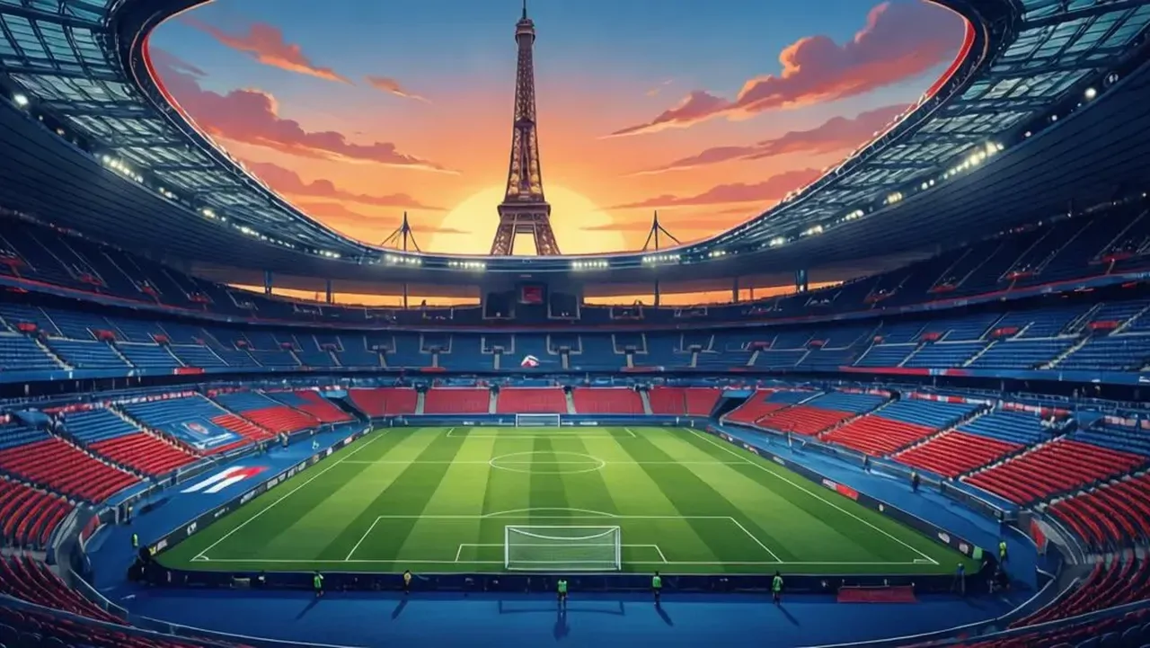 Parc des Princes stadium with Eiffel Tower at sunset