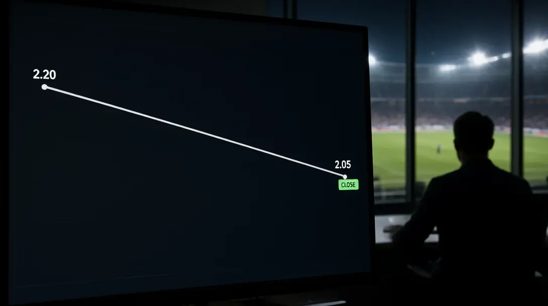 Odds screen showing a price falling from 2.20 to 2.05 with a CLOSE marker, a floodlit stadium behind a silhouetted trader