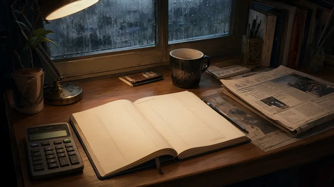 Desk by a rain-streaked window with an open notebook, calculator and mug of tea for planning a betting approach.