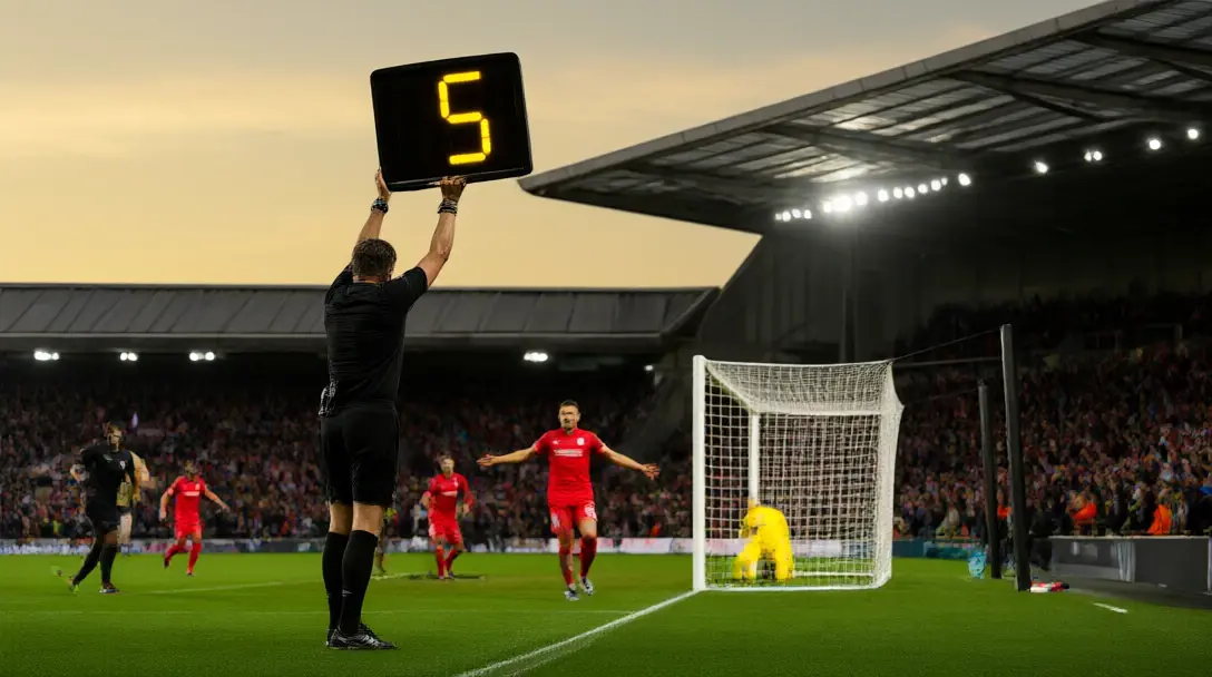 Stoppage-time board raised on the touchline as a striker celebrates a late goal under floodlights